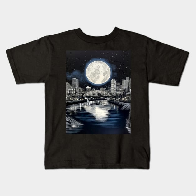 Full Sturgeon Moon Over the City of Roses (Portland Oregon) on a Dark Background Kids T-Shirt by Puff Sumo